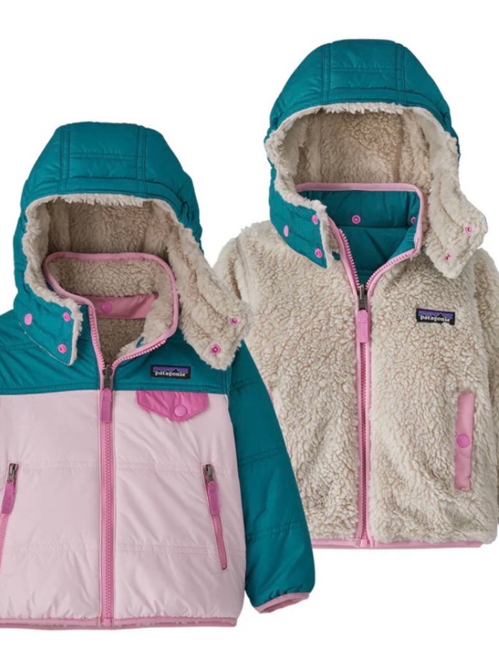 Patagonia Teal, Light Pink & Cream Reversible Sherpa Jacket 2T